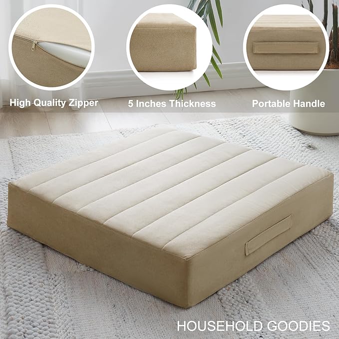 22 inches Floor Pillow for Adults - Large Meditation Cushion with Thick Foam & Soft Tufted Cover - Premium Outdoor Square Floor Cushion Seat - Yoga Pillows for Sitting On Floor - Khaki