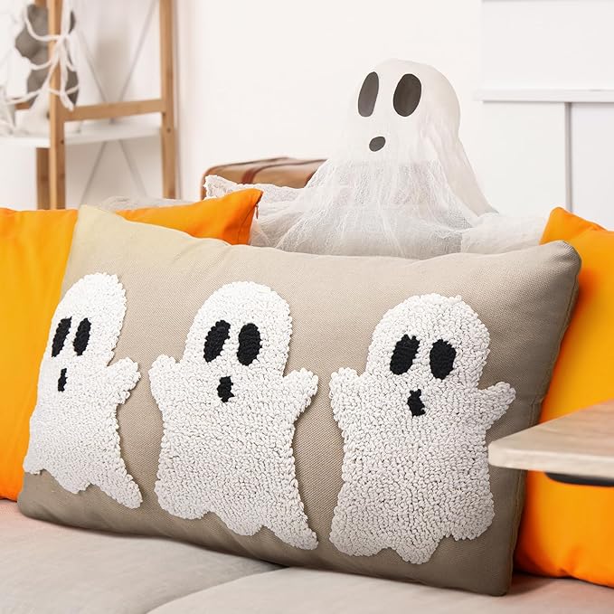 Mixweer Halloween Ghost Embroidery Decorative Pillow Covers 12 x 20 Inch, 3D Neutral Tufted Embroidery Spooky Ghost Cushion Pillow Case for Couch Home Living Room Bed Decor