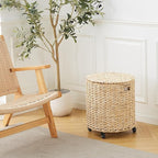 Wimarsbon 2Pcs Pouf Ottomans, Natural Seagrass Foot Stool, Hand Weaving Round Ottoman, Boho Decorative Seat, Jute Braided Pouffe Poof Accent Sitting Footrest (Storage Corn Husk)