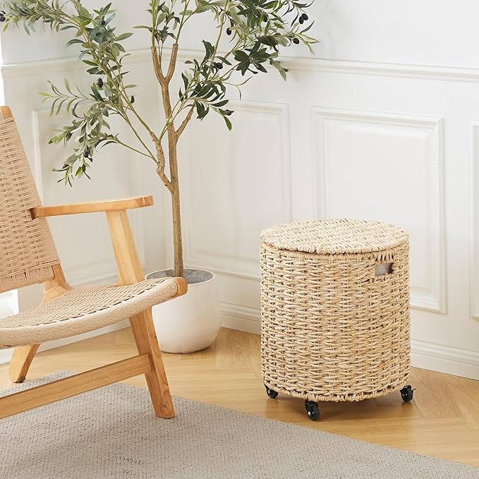 Wimarsbon 2Pcs Pouf Ottomans, Natural Seagrass Foot Stool, Hand Weaving Round Ottoman, Boho Decorative Seat, Jute Braided Pouffe Poof Accent Sitting Footrest (Storage Corn Husk)
