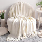 NTBAY Acrylic Knitted Throw Blanket, Lightweight and Soft Cozy Decorative Woven Blanket with Tassels for Travel, Couch, Bed, Sofa, 51x67 Inches, White Striped