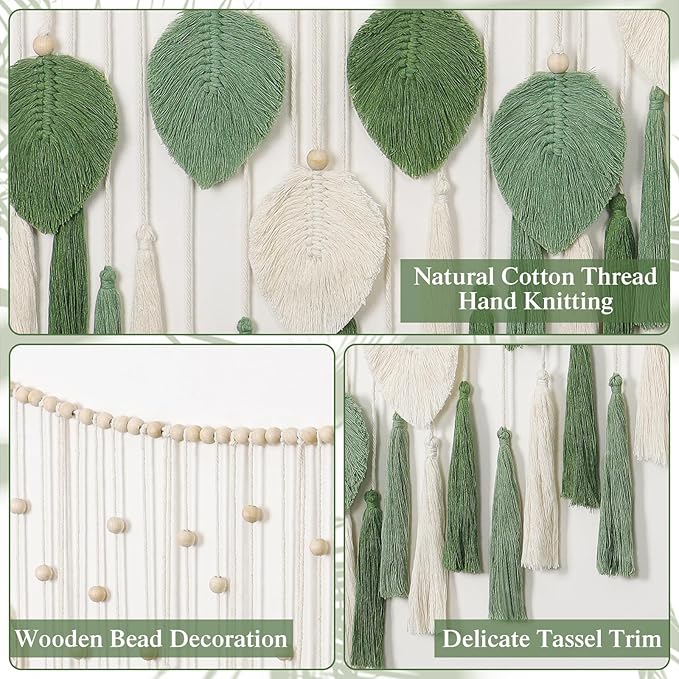 Betylifoy Large Macrame Wall Hanging Boho Handmade Woven Tapestry with Wood Beads Beige Green Chic Leaf Feather Boho Wall Art Decor Macrame Tapestry Wall Decor for Bedroom Living Room Nursery Apartment 51.2"W X 31.5"L