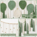 Betylifoy Large Macrame Wall Hanging Boho Handmade Woven Tapestry with Wood Beads Beige Green Chic Leaf Feather Boho Wall Art Decor Macrame Tapestry Wall Decor for Bedroom Living Room Nursery Apartment 51.2"W X 31.5"L