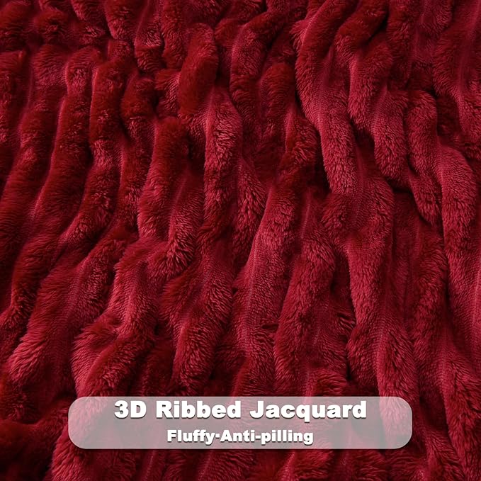 NEWCOSPLAY Super Soft Queen Blanket Red Premium Silky Flannel Fleece 3D Ribbed Jacquard Lightweight Bed Blanket All Season Use (Red Ribbed, Queen(90"x90"))