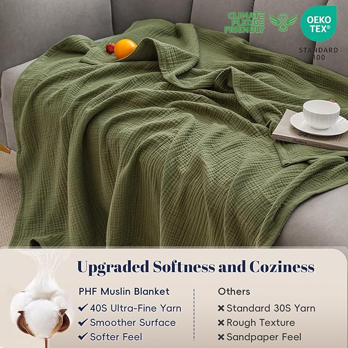 PHF 100% Cotton Muslin Throw XL Blanket Large 50" x 70", 4-Layer Lightweight Gauze Throw, Breathable Cloud-Soft Minimalist Blanket for Bed, Couch, Camping & Baby, Olive Green, Ideal Gift