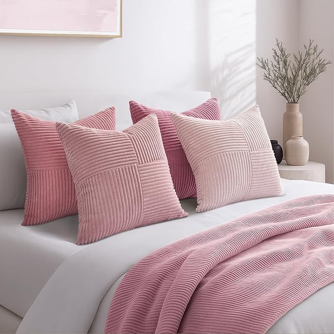 Topfinel Pink Throw Pillow Covers 22x22 Set of 4,Double-Design Decorative Throw Pillow Covers,Dustypink Soft Corduroy Home Decor Cushion Cases for Couch Living Room Bedroom and Sofa(55 * 55 cm)