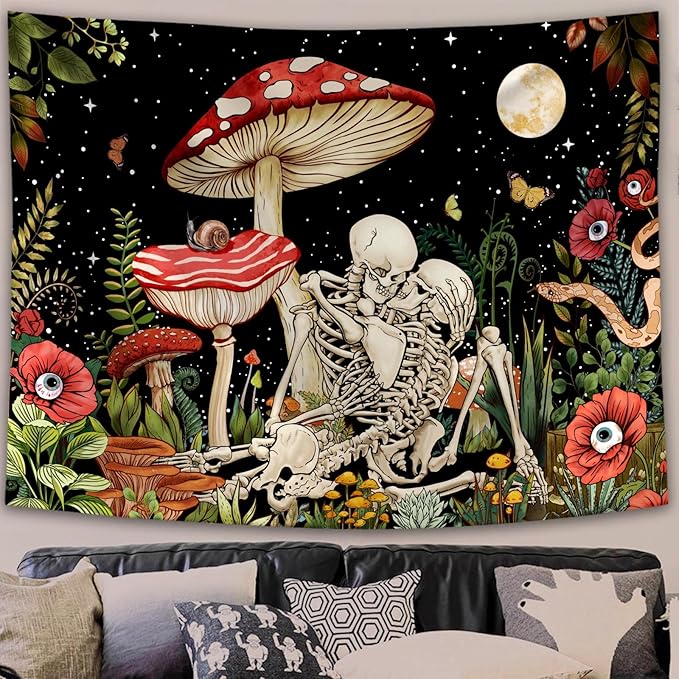 Accnicc Mushroom Skull Tapestry Skeleton Floral Plant Flower Tapestries Bedroom Aesthetic Nature Moon Wall Tapestry for Dorm Living Room (60'' × 50'')