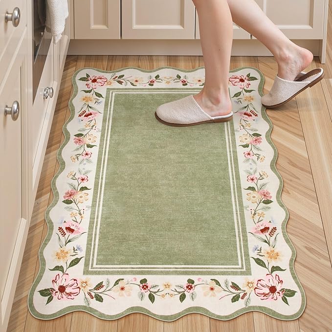 Lahome Floral 2x3 Rug, Green Kitchen Rugs Ulta-Thin Washable Indoor Mats for Entryway Non-Slip, Boho Scalloped Stain Resistant Small Throw Rugs for Bathroom Bedroom Ariele（Green）