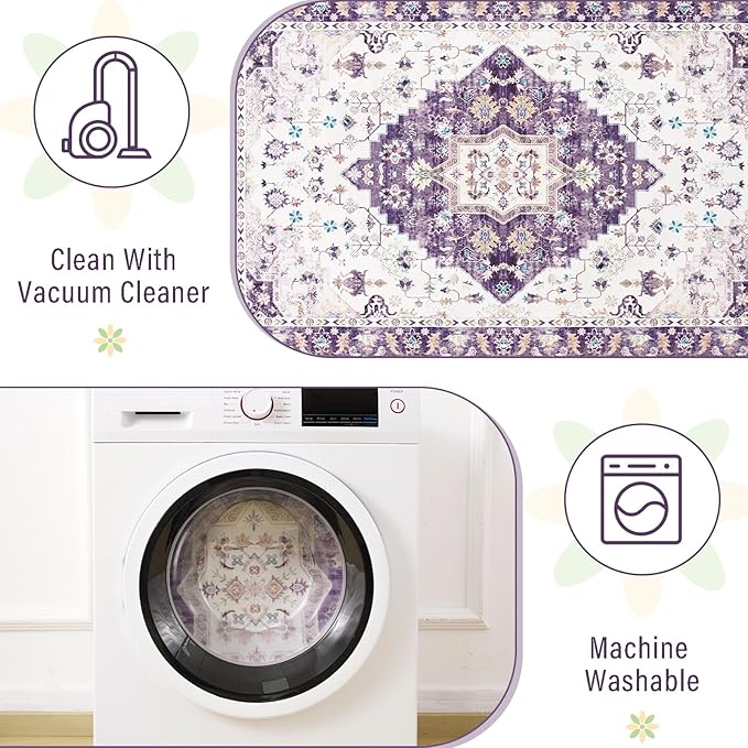Amearea Vintage Design Area Rugs for Living Room, 5x8 Machine Washable Floral Collection Traditional Bedroom Rug, Low Pile Cute Kids Room Print Carpet, No Slip Office Kitchen Home Decor, Purple