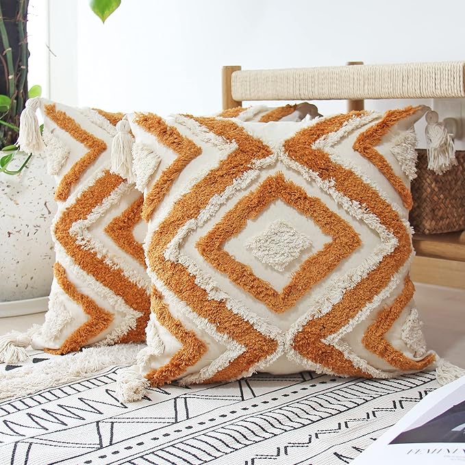 JOJUSIS Boho Throw Pillow Covers with Handmade Tassels Decorative Woven Tufted Orange Pillowcase for Couch Bedroom 20 x 20 Inch Orange B