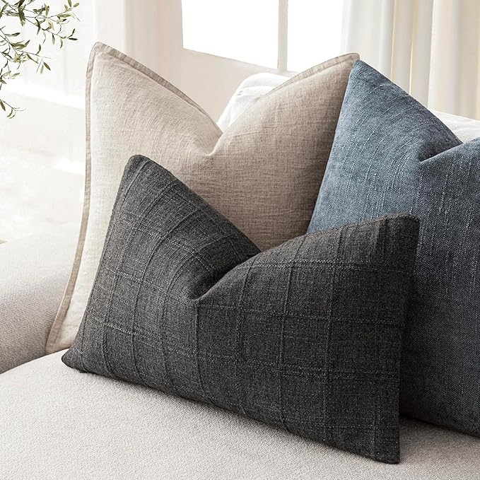 Foindtower Set of 2 Decorative Linen Check Throw Pillow Covers Neutral Farmhouse Lumbar Cushion Covers Modern Boho Home Decor for Sofa Chair Couch Bedroom Living Room,12×24 Inch,Charcoal