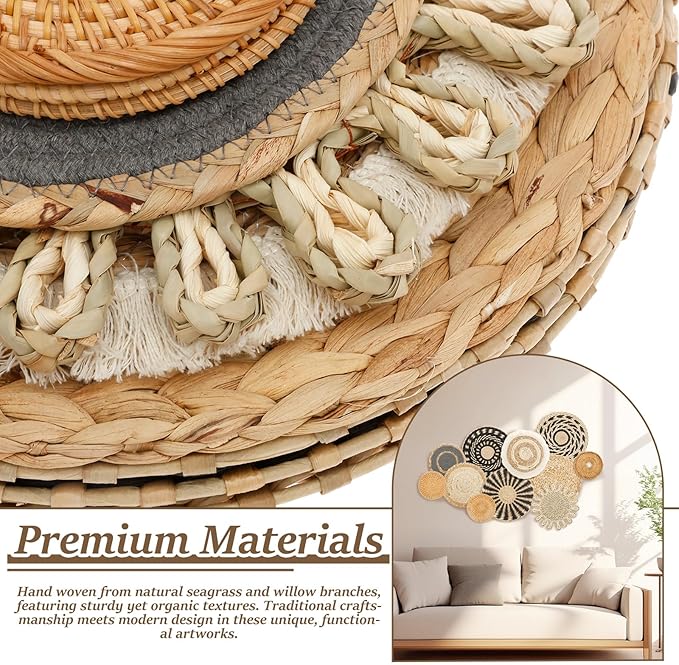 HJJWNDDNG 11 Pack Boho Wall Basket Decor Set, Hanging Woven Seagrass Rattan Wicker Boho Wall Decor, Round Farmhouse Wall Hanging Baskets Rustic Flat Wall Art for Living Room Bedroom Kitchen (Style 5)