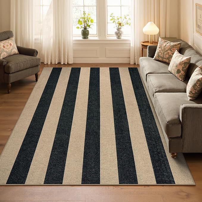 Lahome Elance Striped Easy Jute Outdoor Rug 5x7, Large Neutral Dining Living Room Rug, Farmhouse Non Slip Non Shedding Washable Indoor Outdoor Black Carpet for Office Deck Patio Backyard Bedroom
