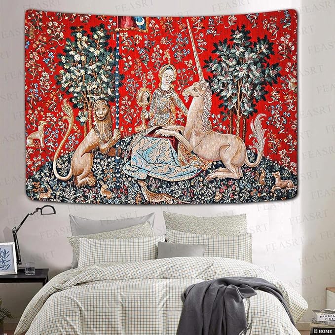 FEASRT Medieval Maiden and Unicorn Tapestry European Royal Tapestry Lion Tapestry, 60x40 Inches Soft Flannelette, Lady and Unicorn for Living Room Bedroom Dorm