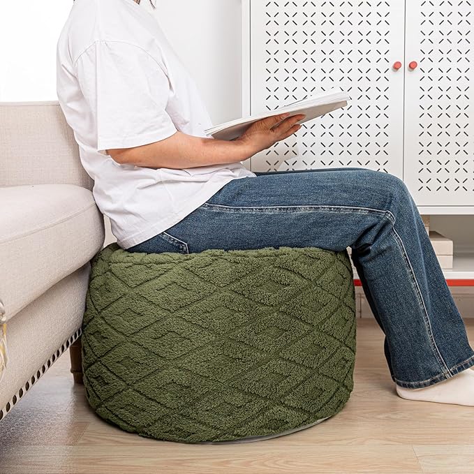Fluffy Round Ottoman Pouf with All-in-One Foam Filling 20" x 14" Furry Ottoman Foot Rest Foot Stool for Living Room or Bedroom (Green)