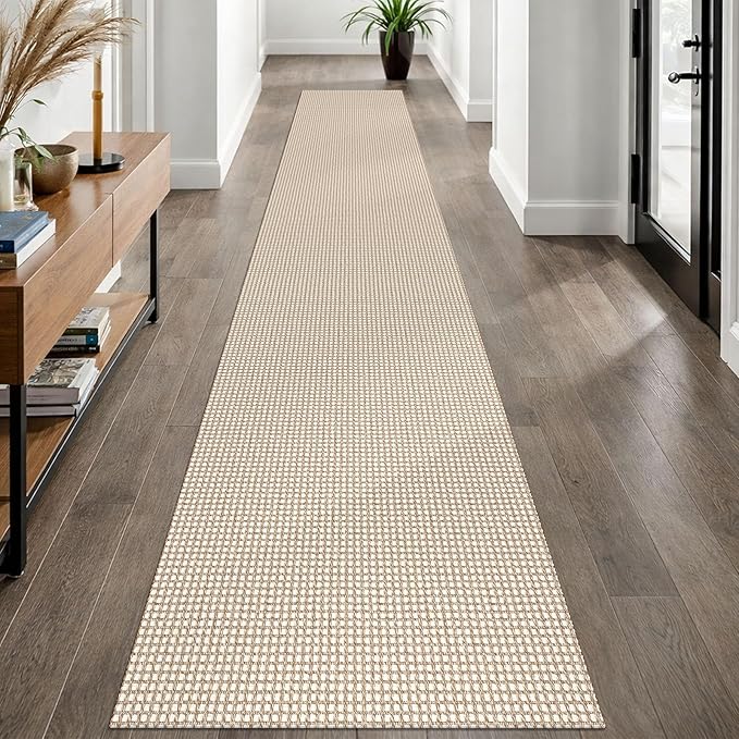 EARTHALL Woven Runner Rug 2x12 Ft Washable Runners for Hallways Extra Long Cotton Non Slip Rubber Backed Kitchen Runner Braided Indoor Floor Carpet for Entryway, Hall, Kitchen, Beige/Khaki