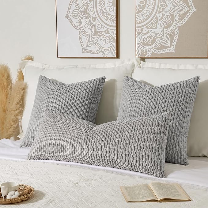 Kevin Textile 20x54 Inch Long Body Lumbar 1 Pack Boho Decorative Throw Pillow Cover Soft Striped Corduroy Rectangle Cushion Case Farmhouse Accent for Living Room Couch Sofa Bed, Light Grey