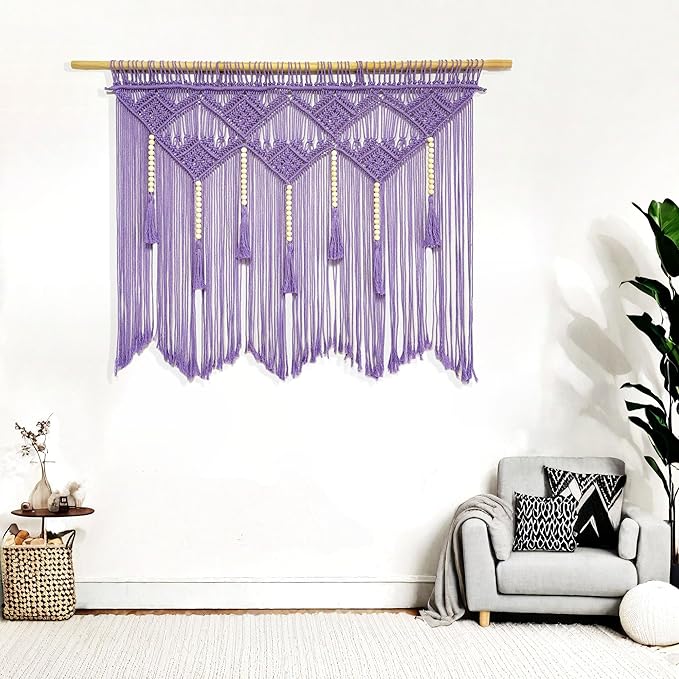 Youngeast Large Macrame Wall Hanging Boho Woven Tapestry Bohemian Macrame Wall Decor Handmade Tassel Tapestry Home Decoration for Bedroom Living Room 39"X31" (Wood Dowels Not Included) (Purple)