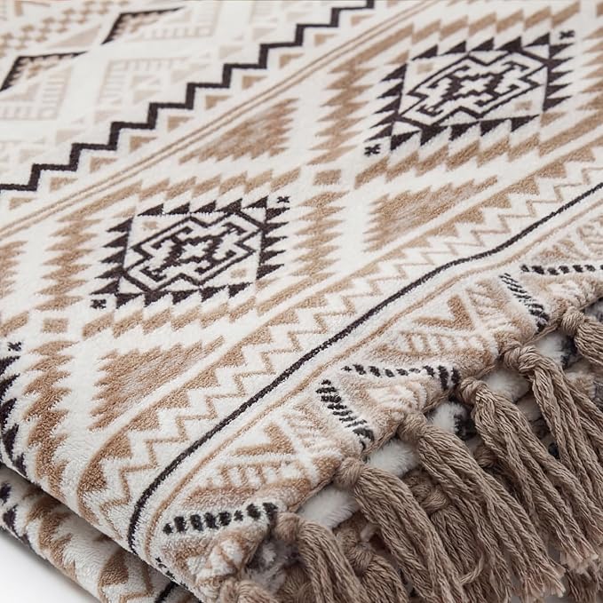 CASAAGUSTO Boho Throw Blanket - Brown White Decorative Blankets with Tassel, Printed Flannel Bohemian Blanket for Chair, Bed, Sofa, Couch(60 * 80, Brown White)