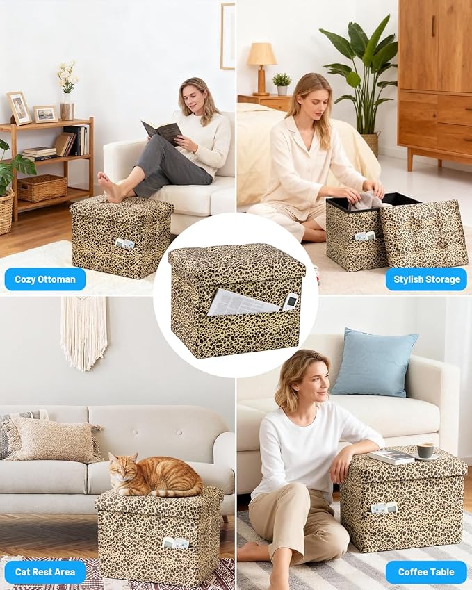 Storage Ottoman Foot Rest Stool, Small Velvet Storage Ottomans Bench, Folding Footstool with Side Pockets, Foot Rest Under Desk for Living Room Bedroom, 17x13x13 in, Leopard Print 2 Pack