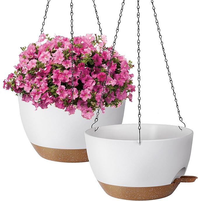Hanging Plant Pots 12 inch Set of 2, Self Watering Hanging Planters with Drainage Holes, Indoor Outdoor Plastic Flower Pots with Hanging Chains for Balcony, Porch, Garden, Home Décor, White