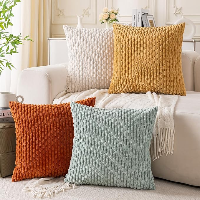 Set of 4 Yellow Rust Aqua Decorative Throw Pillow Covers 18x18 Inch Corduroy Pillow Covers for Bed Couch Sofa Living Room Soft Square Cushion Cases