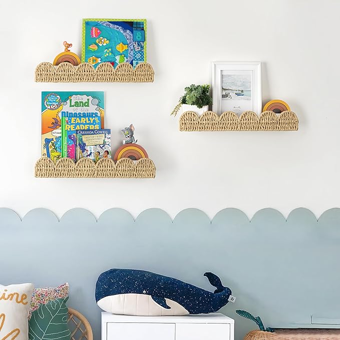AELS Scalloped Nursery Bookshelf, Set of 3, Picture Ledge Shelf for Wall Decor, Woven Straw Paper Floating Shelves for Books, Toys, Photo Frames, Nursery, Boho Modern Farmhouse Book Shelf, Beige