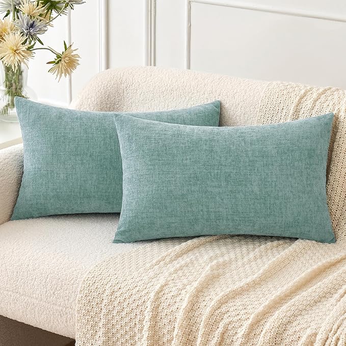 MIULEE Pack of 2 Couch Throw Pillow Covers 12x20 Inch Soft Aqua Green Chenille Lumbar Pillow Covers for Sofa Living Room Spring Home Decor Couch Solid Dyed Cases