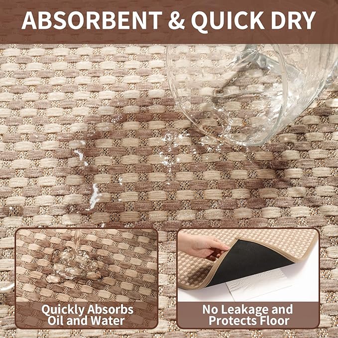 Kitchen Rugs Non Slip Washable, Rubber Backing Soft Chenille Braided Kitchen Mats for Floor, Super Absorbent Kitchen Runner Rug Standing Mat Sink Mat, Easy to Clean, Brown 17"x47"