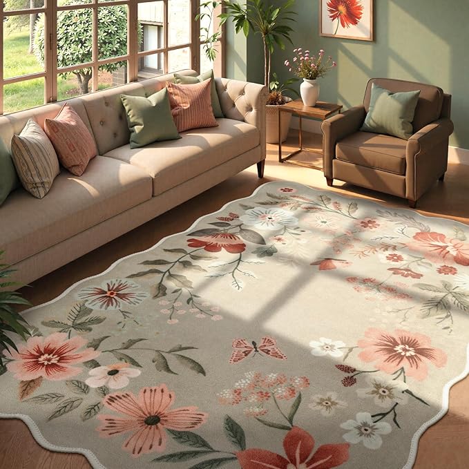 Lahome Floral Washable 6x9 Area Rugs, Soft Bedroom Rug for Living Room Ultra-Thin Non Slip Dining Room Rug, Stain Resistant Boho Rugs Easy Clean Throw Carpet for Office Flore (6'x9',Brown)
