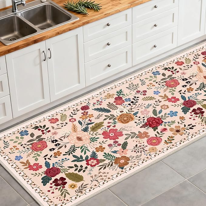 Washable Beige Red 2'6" x 8' Runners for Hallways, Non Slip Long Floor Runner for Kitchen, Entryway Indoor, Stain Resistant Rubber Backing Floral Décor Rug