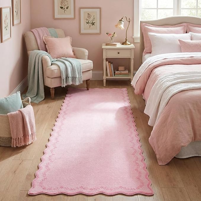 GarveeHome 2.6x10 Scalloped Valentines Washable Runner Rug for Kitchen, Soft Pink Long Hallway Runner Non Slip Entryway Rug Farmhouse Thin Laundry Mat Stain Resistant Carpet for Bathroom Beside Rug