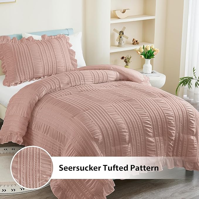 WONGS BEDDING Comforter Full Size, Pink Ruffle Comforter for Full Bed for Dorm Room Essentials, Soft Seersucker Textured Bedding Set Full Size Comforter Sets for Girls 90"×78"