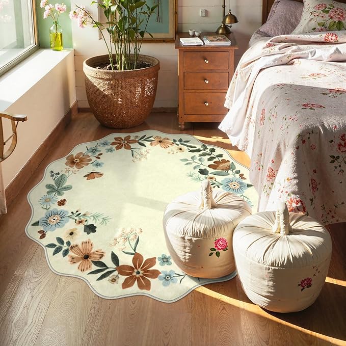 Lahome Floral Round Area Rugs, Washable Small Round Rug 3ft Non-Slip, Soft Boho Ultra-Thin Circle Carpet for Bedroom Entryway Kitchen Laundry Bathroom Flore, Beige