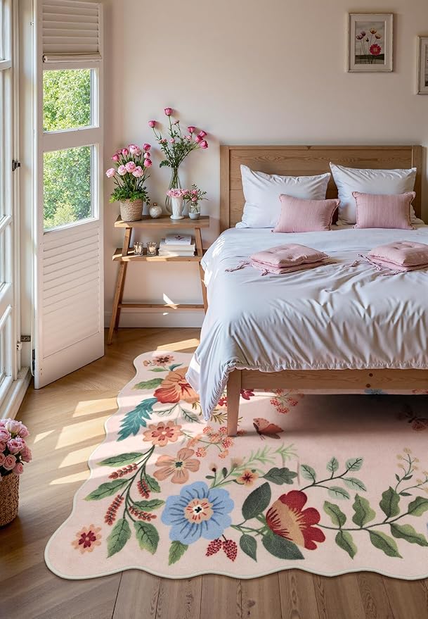 Lahome Floral Living Room Rugs, Pink Area Rugs 5x7 Rug for Bedroom Ultra-Thin Soft Non-Slip Washable Rugs Stain Resistant Throw Boho Carpet for ‎‎Nursery Classroom Flore, Light Pink