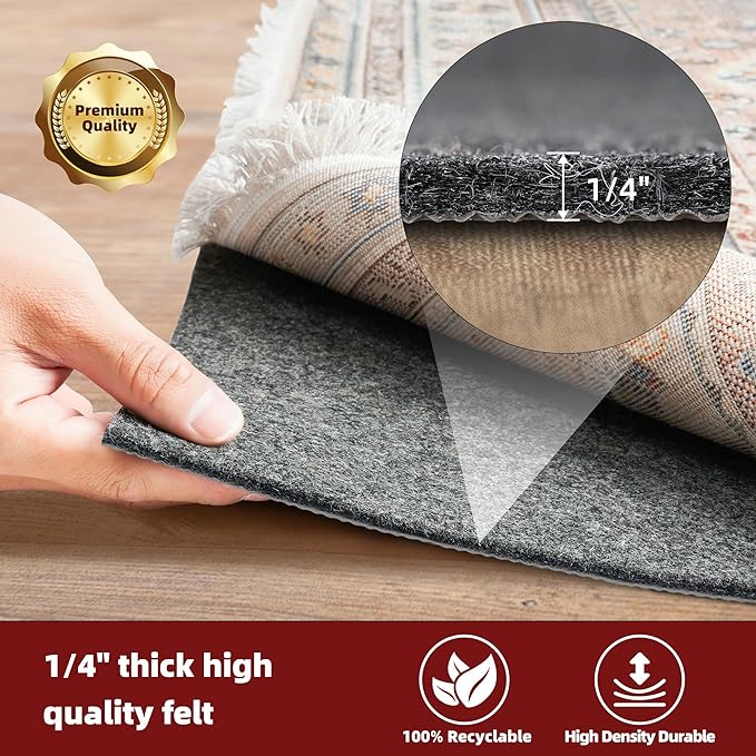 BAGAIL Felt and Natural Rubber Backing Rug Pads 1/4” Thick, 2 x 8 Ft Non Slip Carpet Gripper Keep Rugs in Place, Under Area Rug Protective Cushioned Pads, Carpet Runners, Hardwood Floors Protection