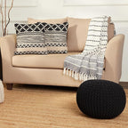 REDEARTH · Round Pouf Ottoman - Hand Knitted Cable Boho Poof Home Décor Pouffe Circular Footrest for Living Room - Nursery - Bedroom - Lounge 100% Cotton (19.5"x19.5"x14") - Black, Set of 2