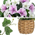 Briful 2 Pack Fake Morning Glory with Handwoven Basket - 8.2in Faux Potted Flowers Silk Floral Table Centerpiece for Home Office Room Shelf Desk Decor