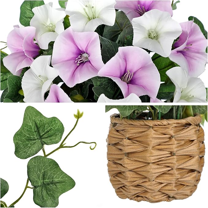 Briful 2 Pack Fake Morning Glory with Handwoven Basket - 8.2in Faux Potted Flowers Silk Floral Table Centerpiece for Home Office Room Shelf Desk Decor