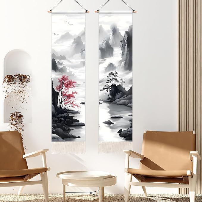 AOHMPT Pack of 2 Long Vertical Tapestry,Nature Landscape Tapestry with Serene Mountain River, Moon & Sun Motifs,Traditional Ink Painting Wall Art,Zen Aesthetic Wall Hanging for Living Room Bedroom Decor 13" W x 51" H"