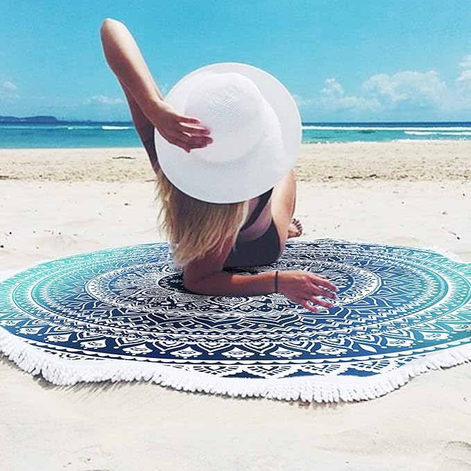 Microfiber Mandala Round Blue Beach Towel Blanket, Oversized Quick Dry Super Absorbent Thick Towel for Pool Swimming Picnic Yoga Mat Wall Decor Tapestry Circle Table Cloth, 59” Bohemian Towel