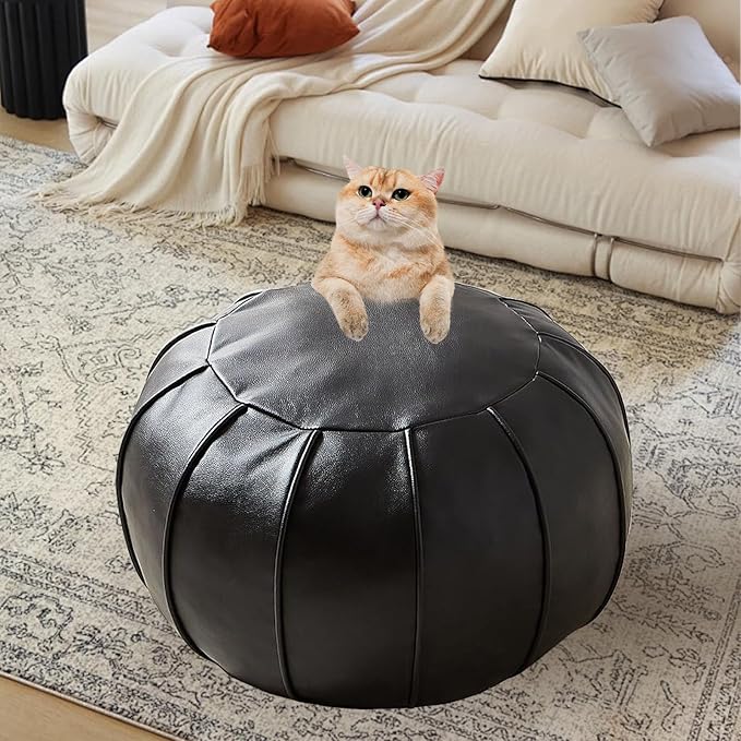 Louis Donné Unstuffed Moroccan Ottoman Pouf Cover, Foot Stool/Ottoman Foot Rest Replacement Cover, Balcony & Indoor Use, 21dia Black (ONLY Cover)