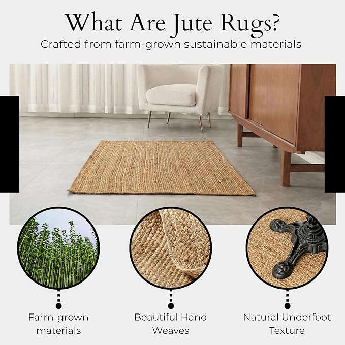 Jute Area Rug - 3x5 Natural Jute Rug with Non-Slip Backing, Low-Profile Farmhouse Rug for Living Room, Bedroom or Rustic Entryway mat, Eco-Friendly Boho Decor, Non-Shed for High-Traffic