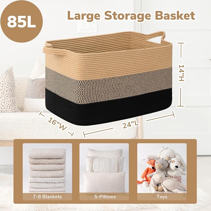 Goodpick Large Woven Blanket Basket 23.6" x 15.7" x 13.8" Cotton Rope Storage Organizer for Dirty Clothes Pillows Toys, Rectangle Wicker Laundry Basket with Handles, Black & Jute Mix