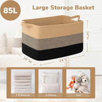 Goodpick Large Woven Blanket Basket 23.6" x 15.7" x 13.8" Cotton Rope Storage Organizer for Dirty Clothes Pillows Toys, Rectangle Wicker Laundry Basket with Handles, Black & Jute Mix