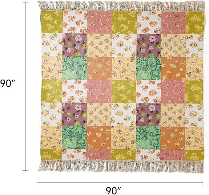 100% Cotton Boho Throw Blanket for Home Decor – Classic Farmhouse Quilt Bedding, Muslin Blankets for Adults, Vintage Woven Decorative Blanket for Couch, Bed Layering Use, Patchwork, 90"x90"