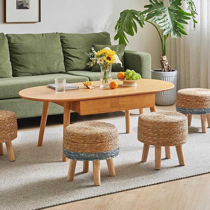 YMYNY Foot Stool Natural Seagrass Hand Weave, 12.6" Small Ottoman, Round Footrest for Living Room, Bedroom, Entryway, Change Shoes Stool, Non-Skid Wood Legs, Boho, Natural, UHBD027N