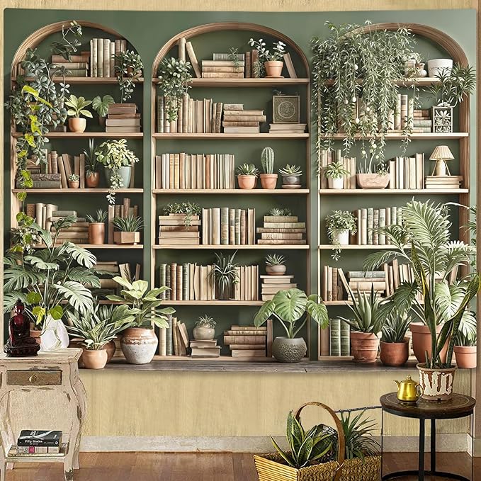 Accnicc Sage Green Plant Bookshelf Tapestry Botanical Bookshelf Tapestries Wall Hanging Vintage Potted Plants Library Backdrop Large Tapestry for Bedroom Living Room Dorm 80 x 60 inch