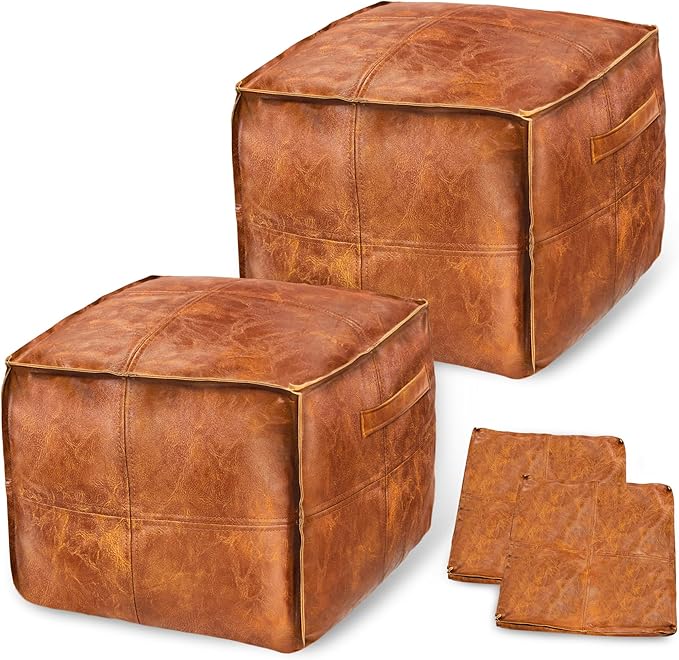 2PCS 17 * 17 * 13in Unstuffed Ottoman Pouf Cover DIY Fillable Faux Leather Storage Floor Pouf Square Unstuffed Ottoman Foot Rest Footstool with Handle for Living Room Bedroom Home Storage