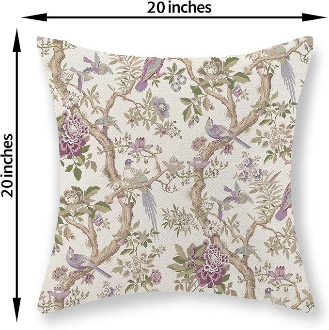 Chinoiserie Pillow Covers 20x20 Set of 2 Purple Green Floral Bird Throw Pillows Vintage Flowers Bird Decorative Pillow Cases Outdoor Chinoiserie Decor Farmhouse Cushion Case for Couch Sofa